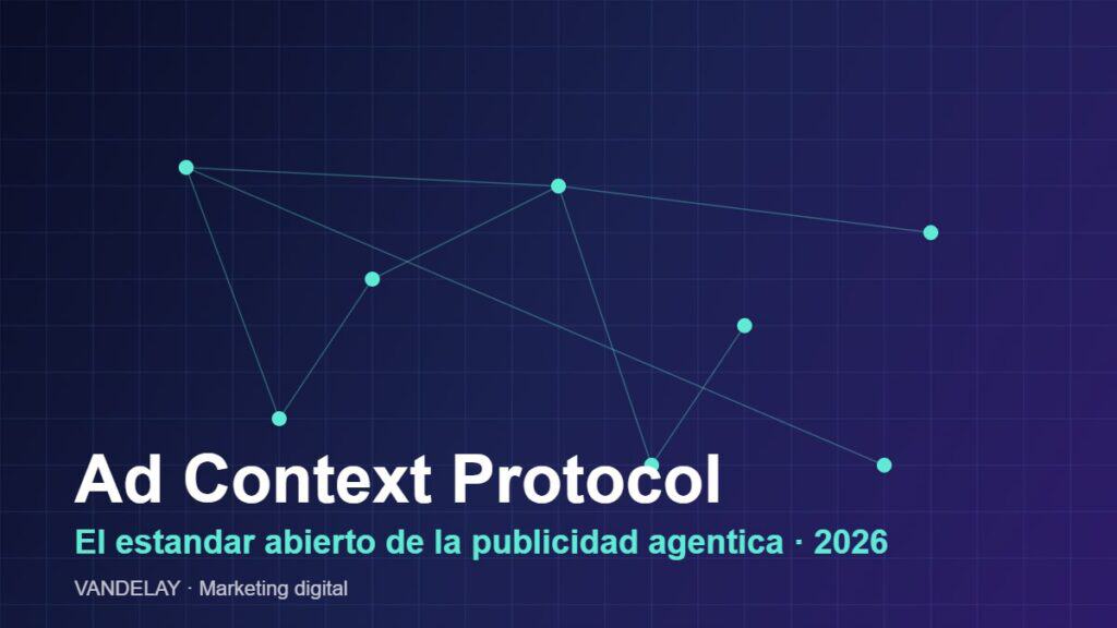 Ilustración del Ad Context Protocol como red de agentes de IA conectados para publicidad digital
