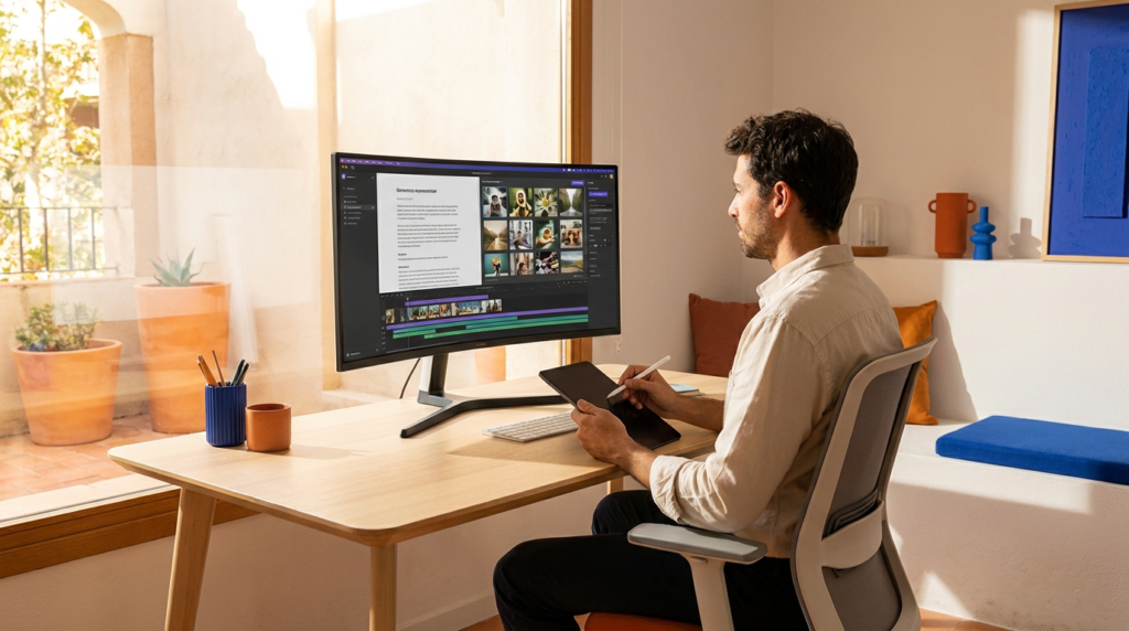 Profesional revisando y editando contenido creado con inteligencia artificial en un despacho de marketing digital