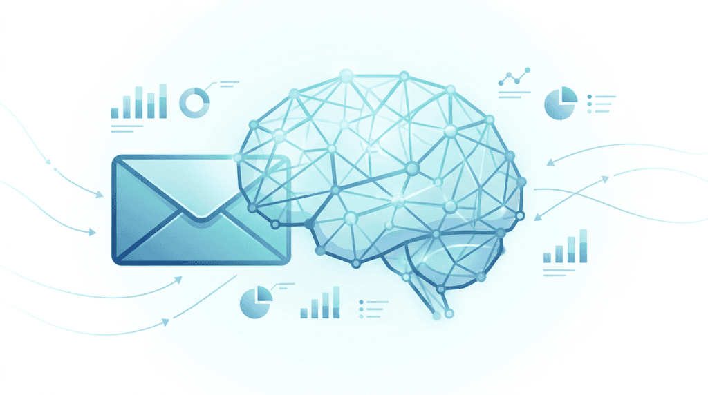 Ilustración de email marketing con inteligencia artificial: un sobre conectado a una red neuronal y gráficos de automatización