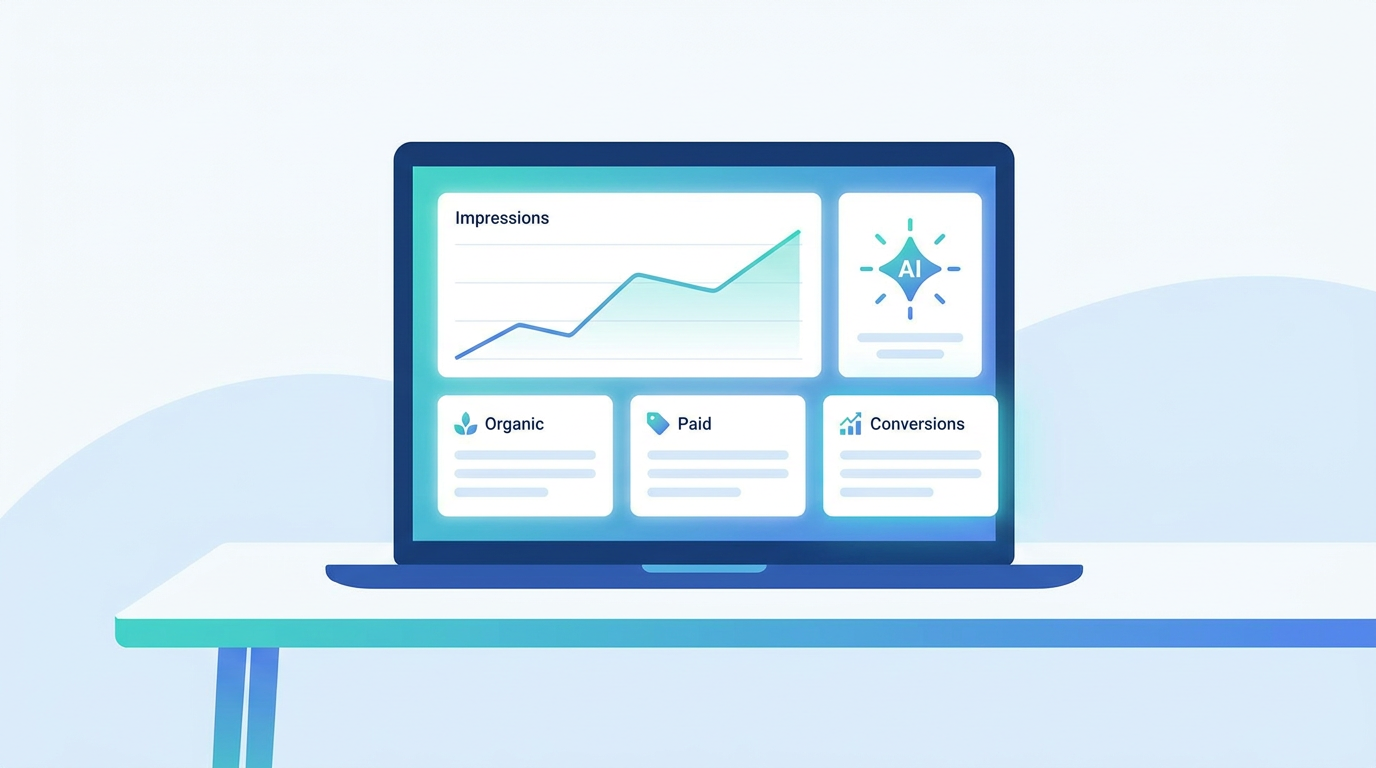 Panel de analítica que representa el informe de IA generativa en Search Console con impresiones al alza