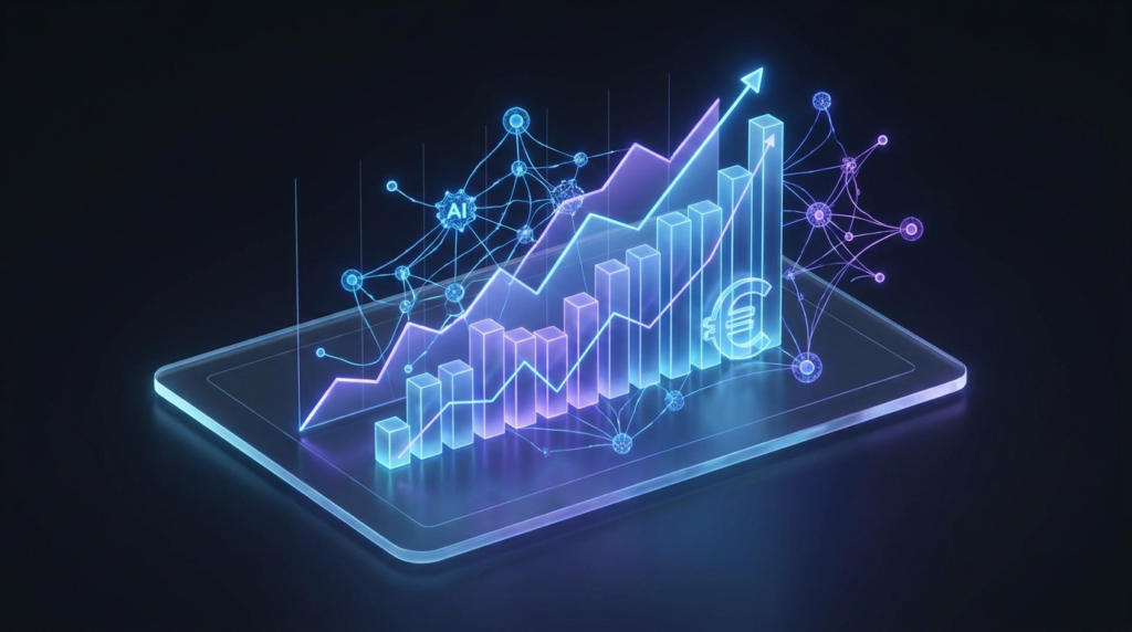 Gráficos de inversión publicitaria en 2026 con nodos de inteligencia artificial representando la publicidad algorítmica