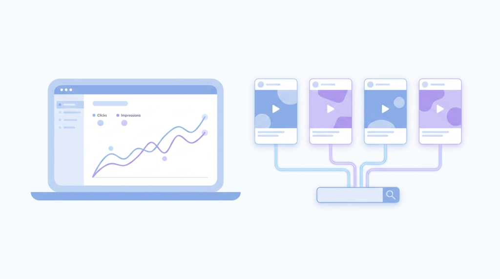 Panel de Search Console que representa las propiedades de plataforma con datos de Instagram, TikTok, X y YouTube en la Búsqueda de Google
