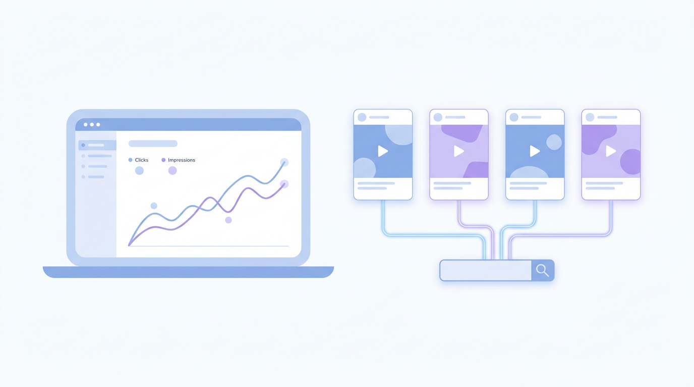 Panel de Search Console que representa las propiedades de plataforma con datos de Instagram, TikTok, X y YouTube en la Búsqueda de Google