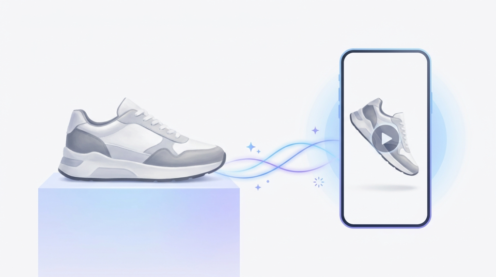 Foto de producto que se transforma en un vídeo corto en un móvil, ilustrando la generación de vídeo con IA de Veo en Google Ads