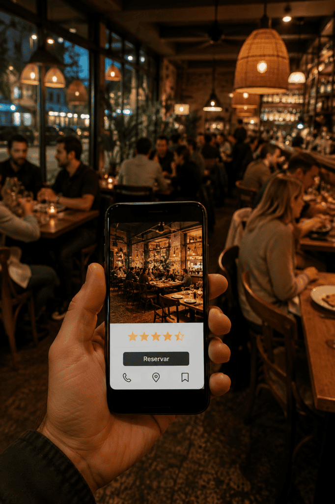Cliente consultando en el móvil la ficha de un restaurante con valoraciones y botón de reservar, con la sala llena al fondo
