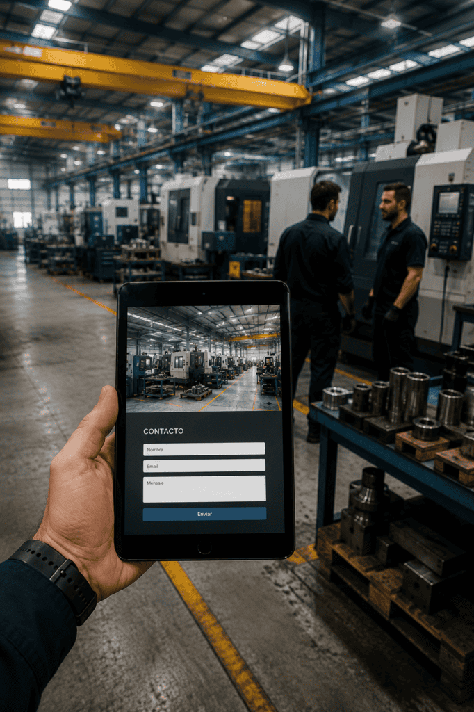 Ingeniero sosteniendo una tablet con el formulario de contacto de una web industrial, dentro de una nave con máquinas de mecanizado CNC