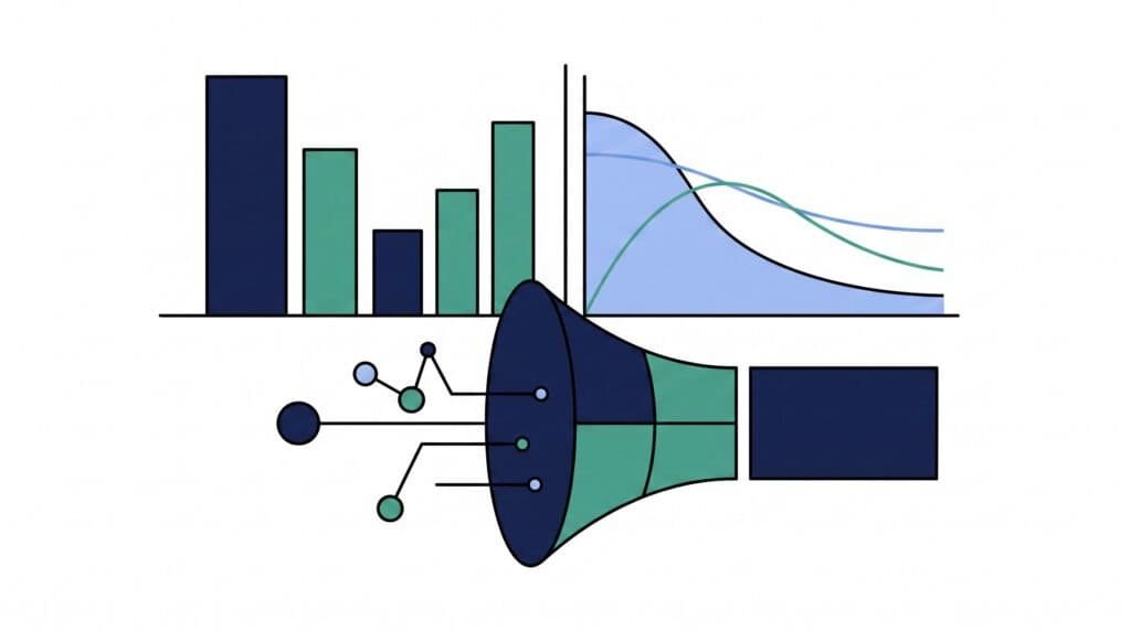 Ilustración de marketing mix modeling con IA: contribución de cada canal y curvas de rendimiento