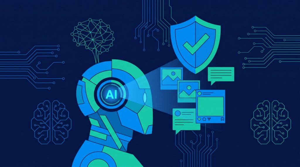 Moderación de contenido con IA en Meta: una inteligencia artificial revisa publicaciones de Facebook e Instagram junto a un escudo de brand safety