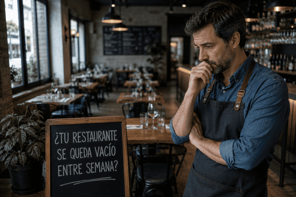 Dueño de un restaurante mirando las mesas vacías entre semana, junto a una pizarra que pregunta si su restaurante se queda vacío