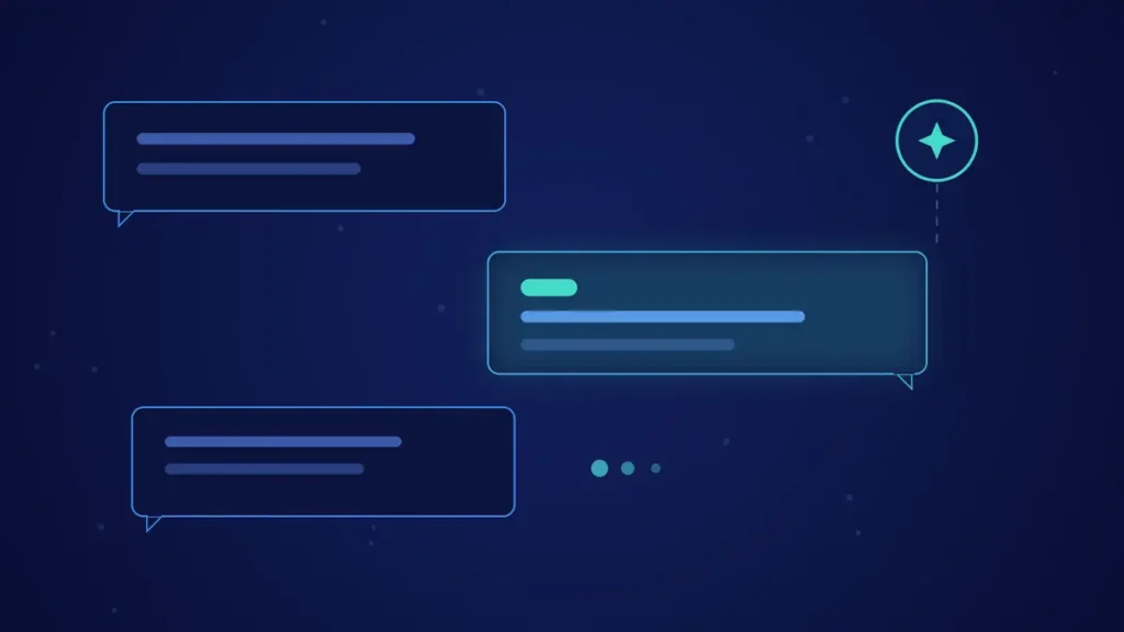 Ilustración de portada del artículo sobre chatbots: una conversación de burbujas de chat en tonos azules y turquesa.