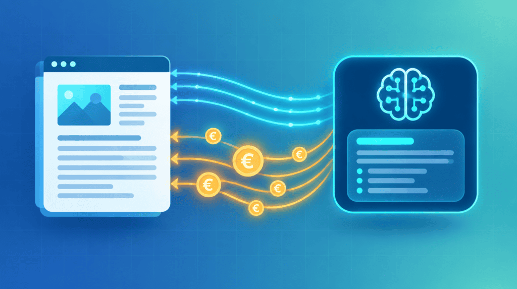 Ilustración del AI Contribution Pilot: Google transfiere pagos a una web cuyo contenido alimenta una respuesta generada con inteligencia artificial