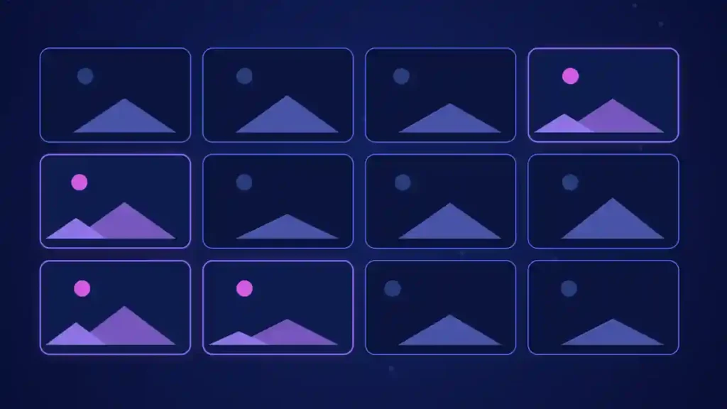 Ilustración de portada del artículo sobre los algoritmos de las redes sociales: una cuadrícula de publicaciones en tonos azules y violeta.