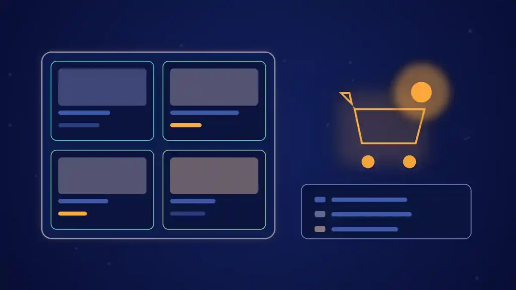 Ilustración de portada del artículo sobre los programas de afiliados de Amazon: un carrito de compra junto a una parrilla de productos en tonos azules y ámbar.