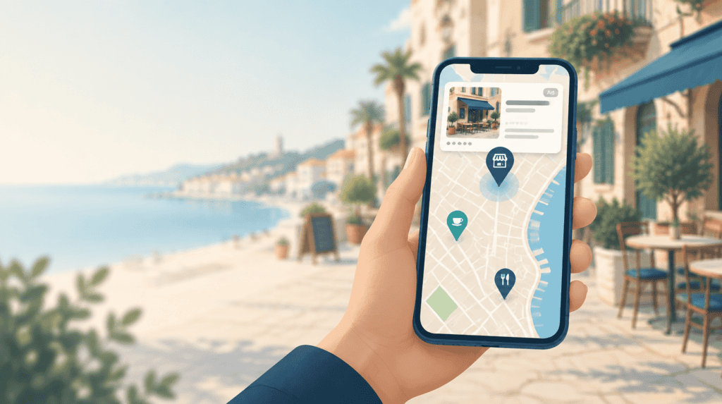 Ficha de negocio con anuncio destacado en un mapa del móvil, tras la integración de Apple Business Connect en Apple Business
