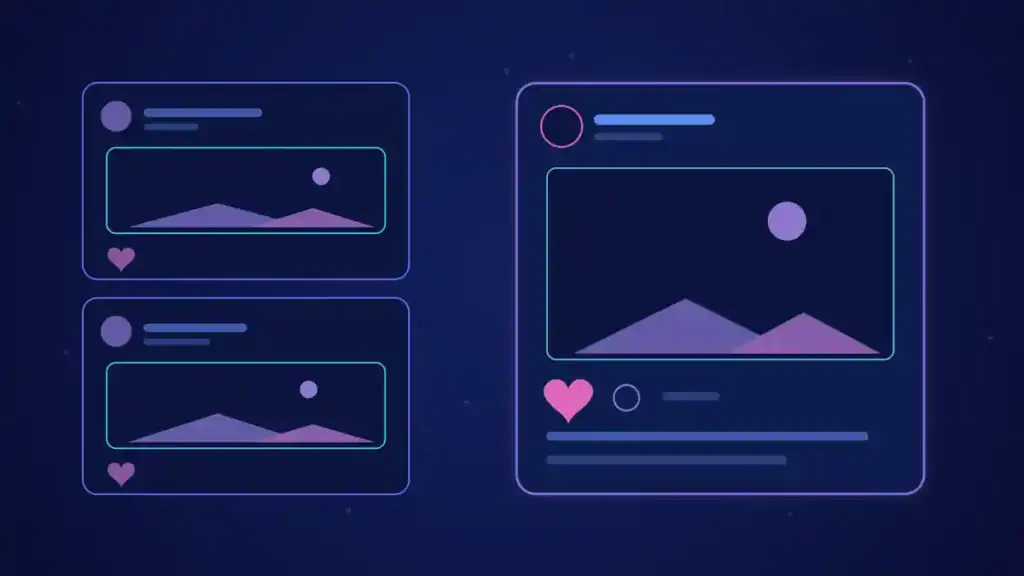 Ilustración de portada del artículo sobre el algoritmo de Instagram: un muro de publicaciones sociales en tonos azules y magenta.
