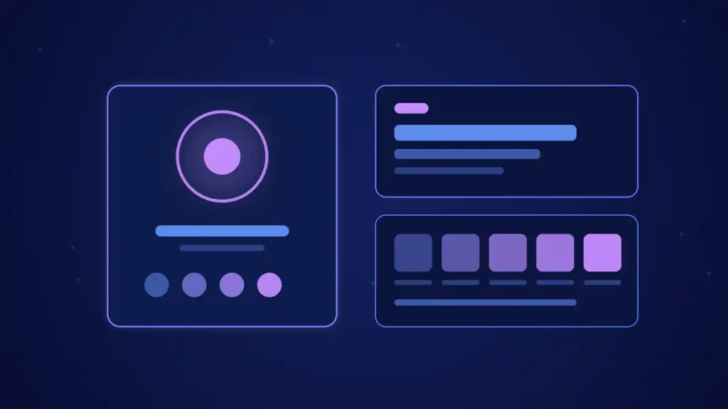 Ilustración de portada del artículo sobre brand assets: elementos de identidad de marca en tonos azules y violeta.
