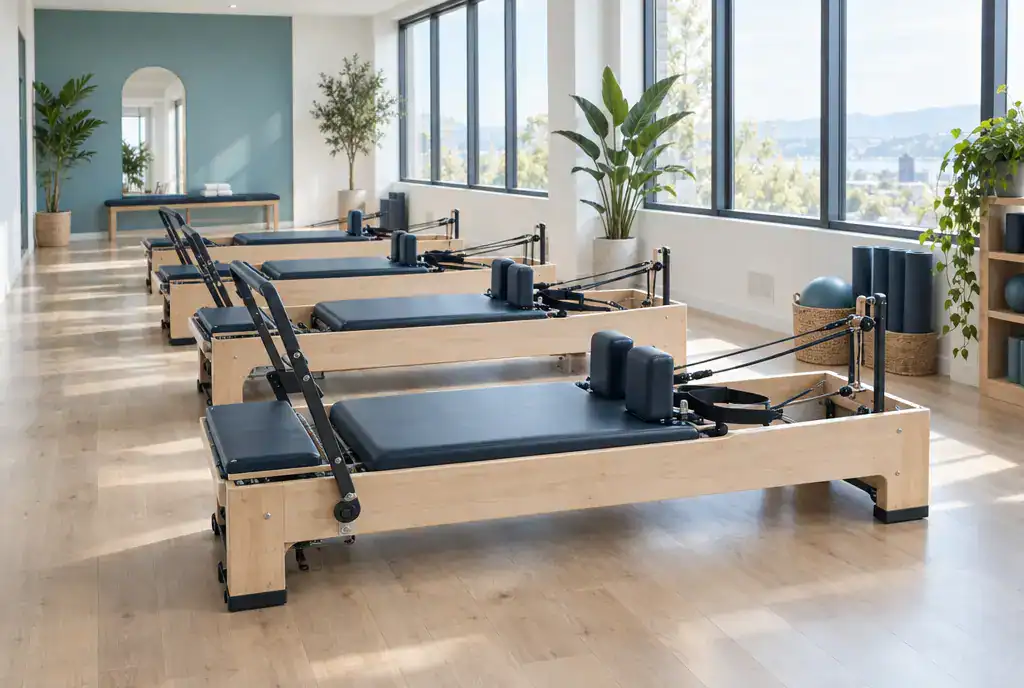 Ilustración: estudio luminoso de Pilates con una fila de máquinas Reformer