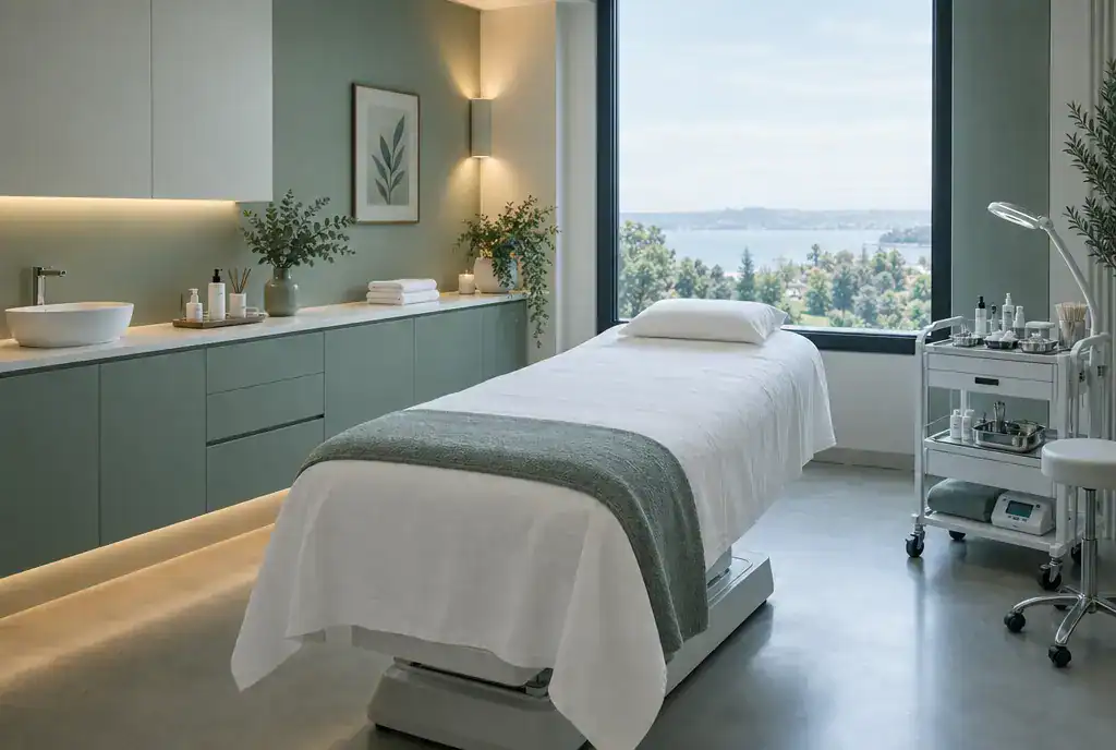 Ilustración: cabina de tratamiento de medicina estética con camilla y vistas al mar