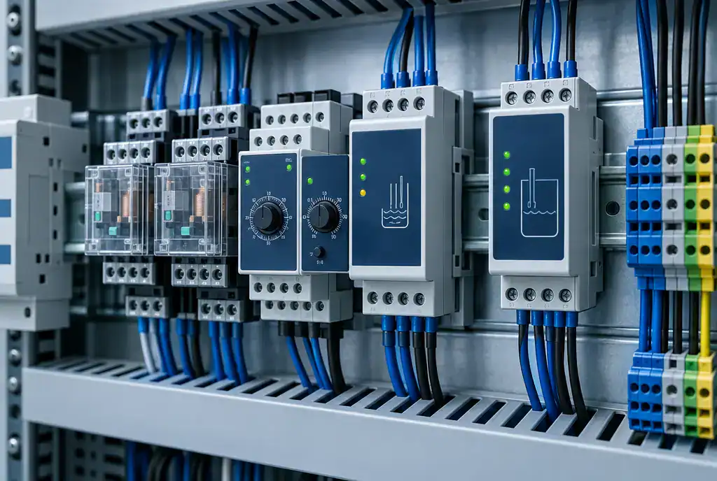 Ilustración: cuadro eléctrico con relés, temporizadores y sensores de nivel montados en carril