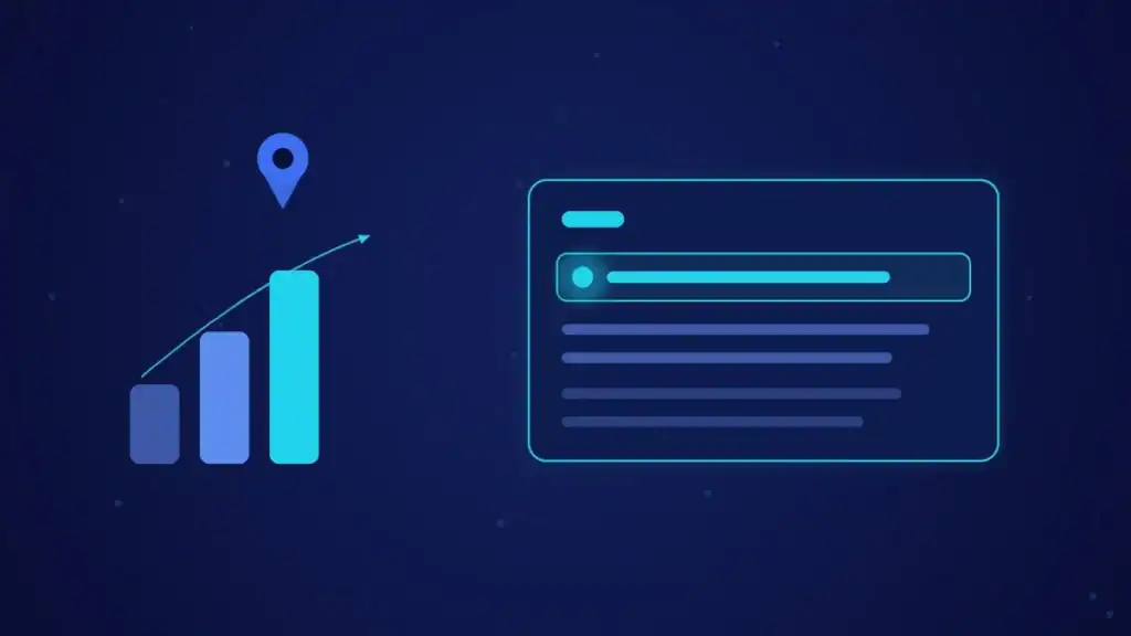 Posiciones en ascenso hasta el primer puesto y respuesta de un modelo de IA con la primera recomendación destacada, junto a un marcador de ubicación local