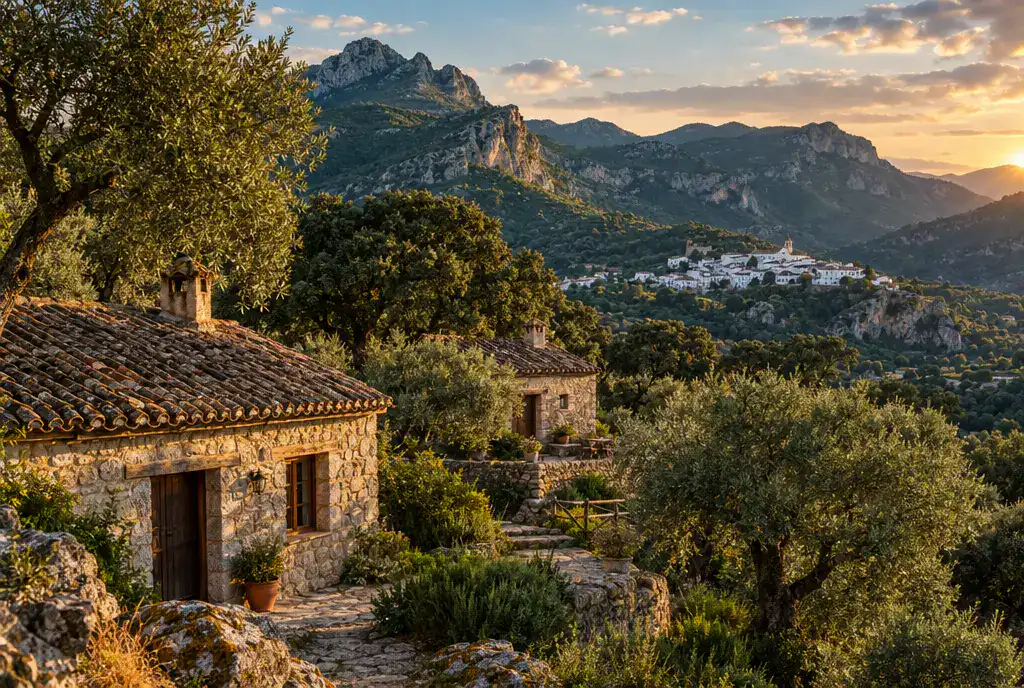Ilustración: casa rural de piedra entre olivos con las montañas de la Sierra de Grazalema al atardecer