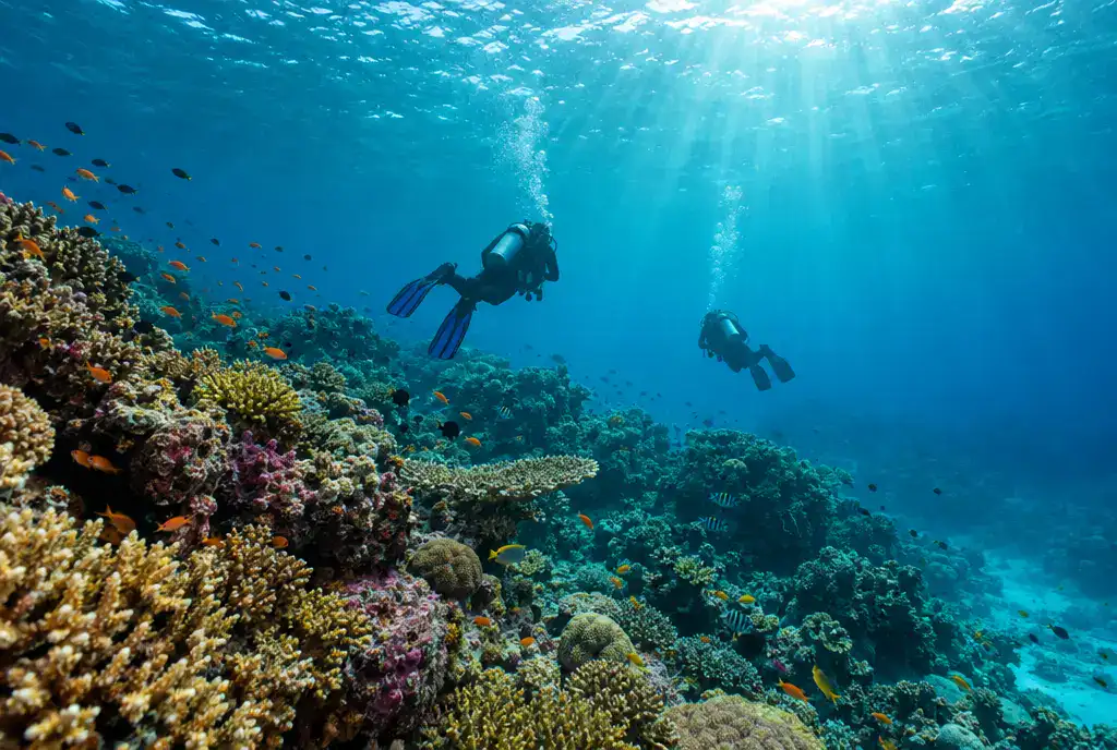 Ilustración: dos buceadores sobre un arrecife de coral en aguas tropicales