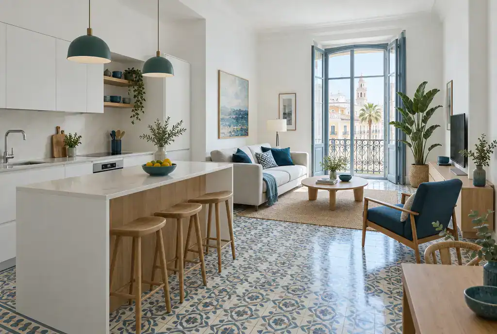 Ilustración: vivienda reformada con cocina abierta, isla y suelo hidráulico