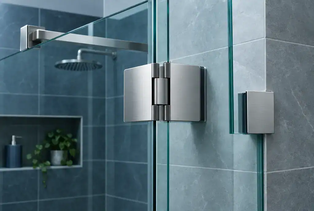 Ilustración: bisagra de acero en una mampara de cristal de un baño moderno