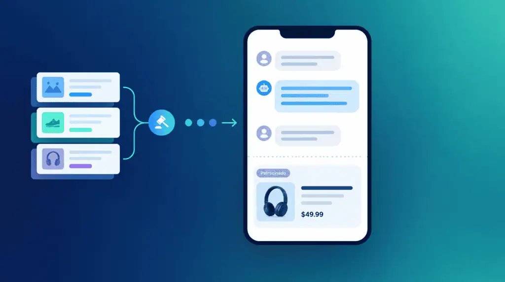 Esquema de ChatGPT Ads: campañas compradas en un DSP que se entregan como anuncio patrocinado bajo la respuesta de ChatGPT
