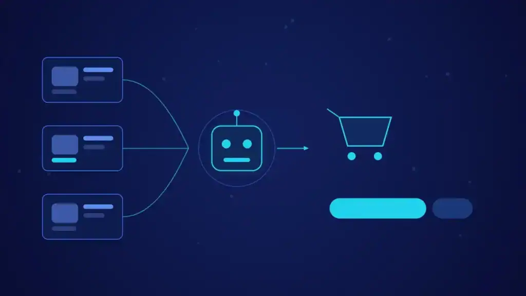 Fichas de producto que alimentan a un agente de inteligencia artificial, el cual completa el carrito y el botón de pago