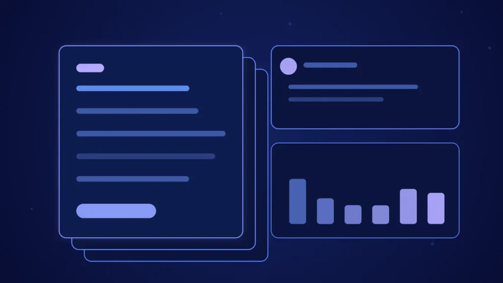 Ilustración de portada del artículo sobre creación de contenido de calidad: documentos apilados junto a gráficos en tonos azules y lila.