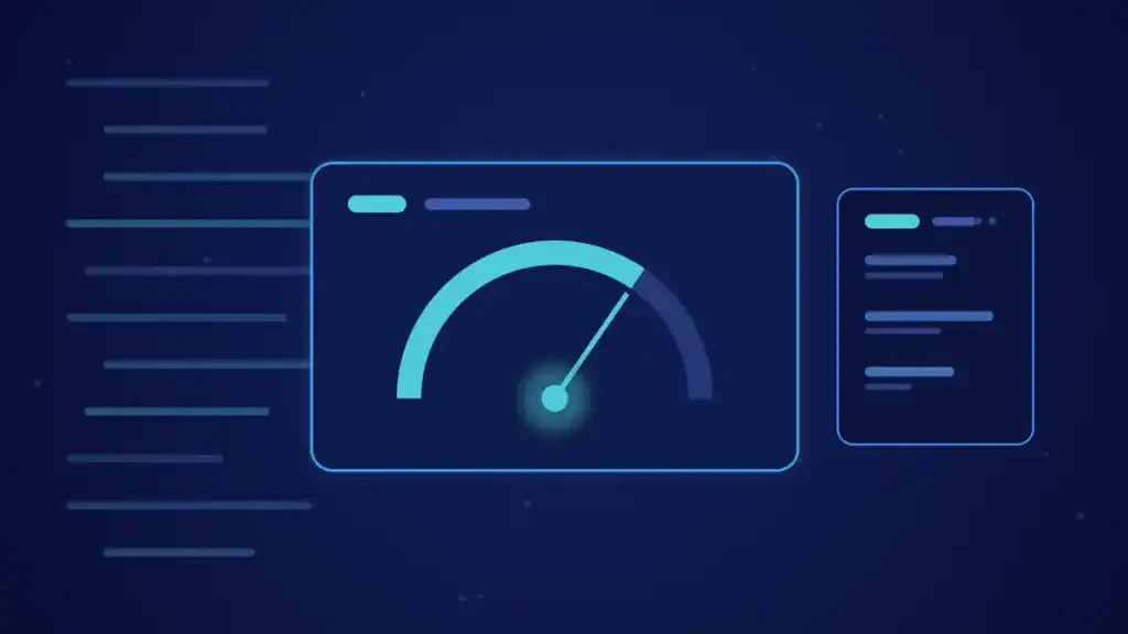 Ilustración de portada del artículo sobre landing pages: un velocímetro con líneas de velocidad en tonos azules y turquesa.