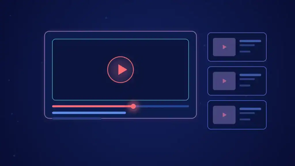Ilustración de portada del artículo sobre publicidad en YouTube para B2B: un reproductor de vídeo con miniaturas en tonos azules y rojo.