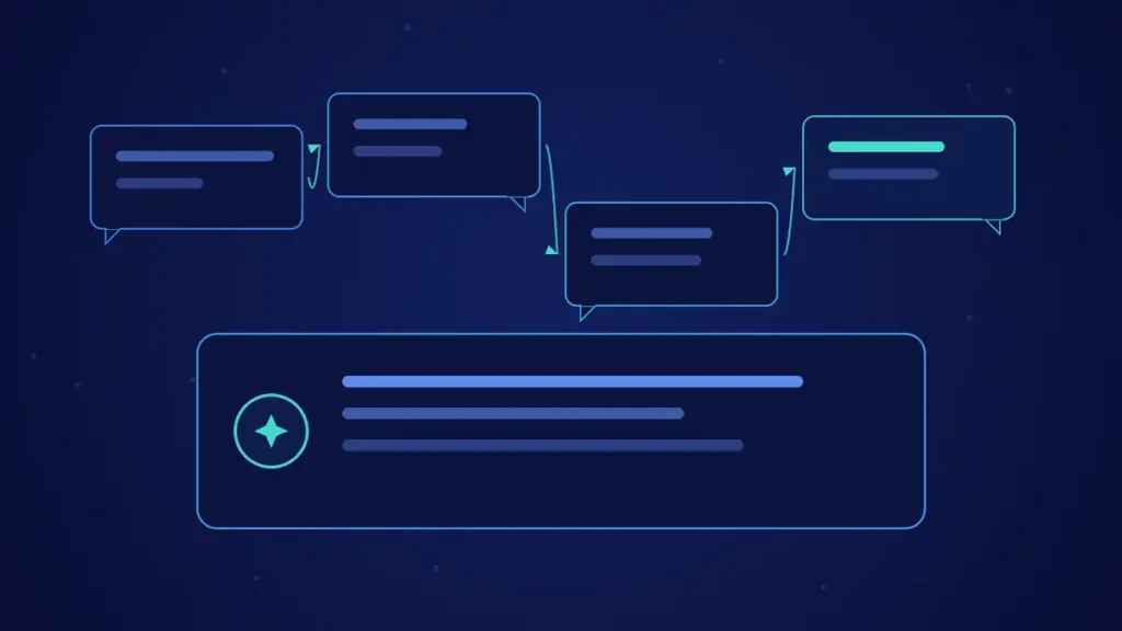 Ilustración de portada del artículo sobre chatbots con IA: un flujo de mensajes encadenados en tonos azules y turquesa.