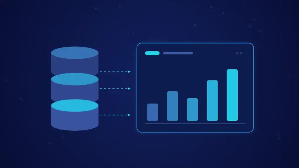 Ilustración de portada del artículo sobre Looker Studio: bases de datos conectadas a un gráfico en tonos azules y cian.