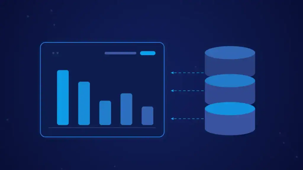 Ilustración de portada del artículo sobre herramientas de análisis de datos: bases de datos conectadas a un gráfico en tonos azules y cian.