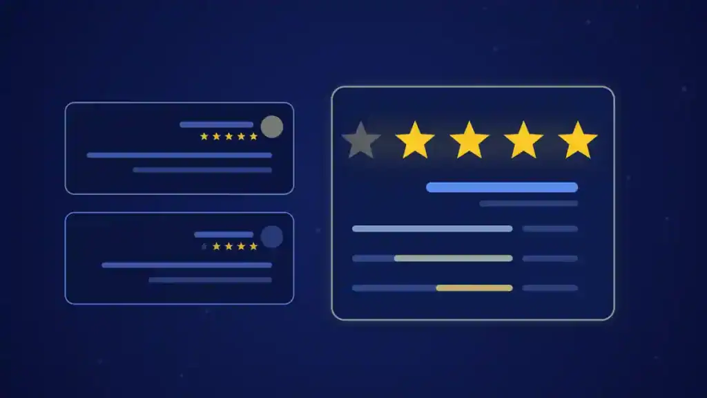Ilustración de portada del artículo sobre métricas de Amazon: valoraciones con estrellas y reseñas en tonos azules y ámbar.