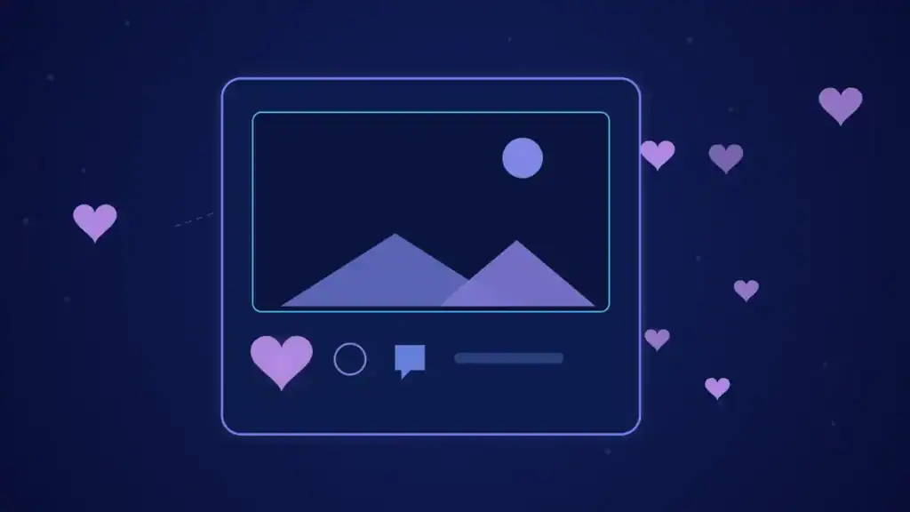 Ilustración de portada del artículo sobre lealtad de clientes en redes sociales: una publicación rodeada de corazones en tonos azules y violeta.