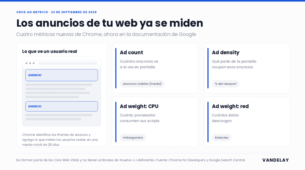 Las cuatro CrUX ad metrics de Chrome: ad count, ad density, ad weight de CPU y ad weight de red, con lo que mide cada una y su unidad