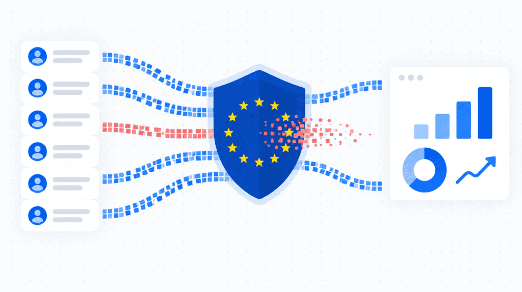 Customer Match de Google Ads: un escudo con las estrellas de la UE bloquea el flujo de direcciones IP hacia el panel de anuncios