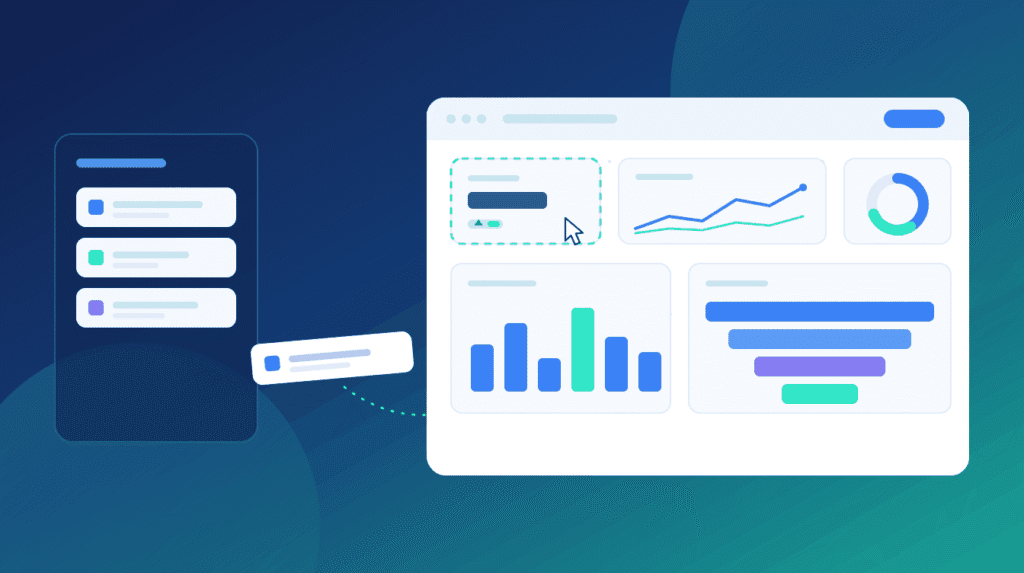 Dashboard de Google Analytics en GA4 con tarjeta de resultados, gráfico de líneas, de barras, de anillo y embudo de conversión