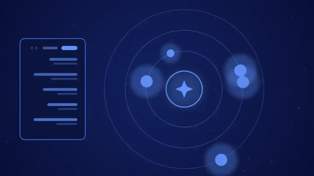 Ilustración de portada del artículo sobre inbound y outbound marketing: un núcleo con órbitas y satélites en tonos azules.