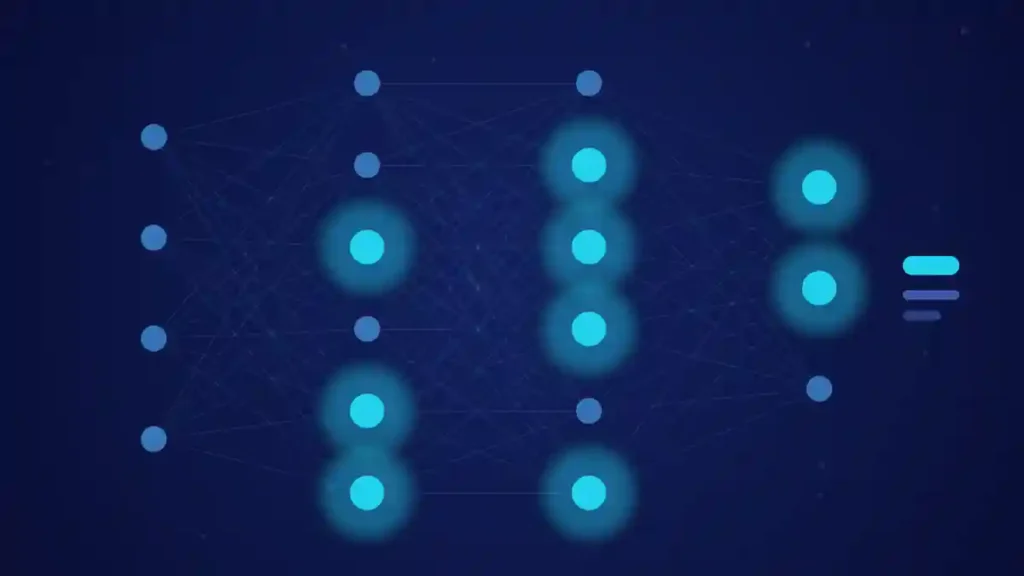 Ilustración de portada del artículo sobre aprendizaje automático y palabras clave: una red neuronal de nodos conectados en tonos azules y cian.