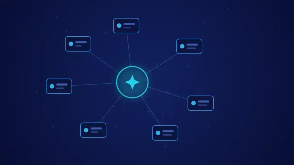 Ilustración de portada del artículo sobre inteligencia artificial en marketing: un nodo central conectado a tarjetas de datos en tonos azules y cian.