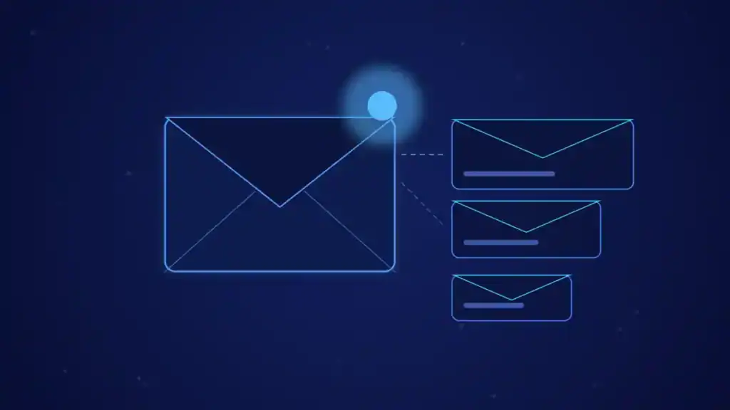 Ilustración de portada del artículo sobre email marketing: un sobre de correo abriéndose en tonos azules y celeste.
