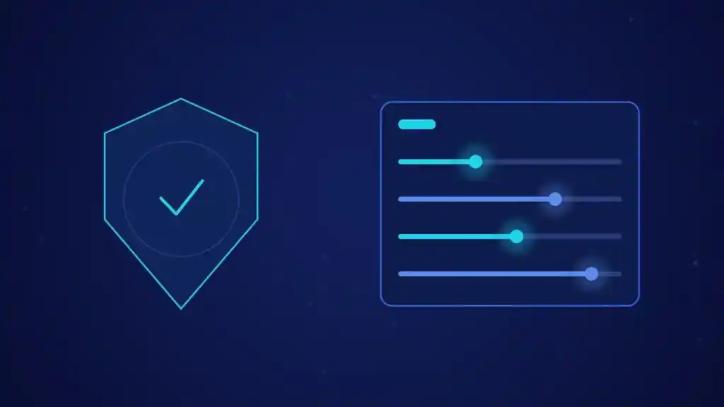 Escudo con una marca de verificación junto a un panel de controles deslizantes que regulan el uso de la inteligencia artificial