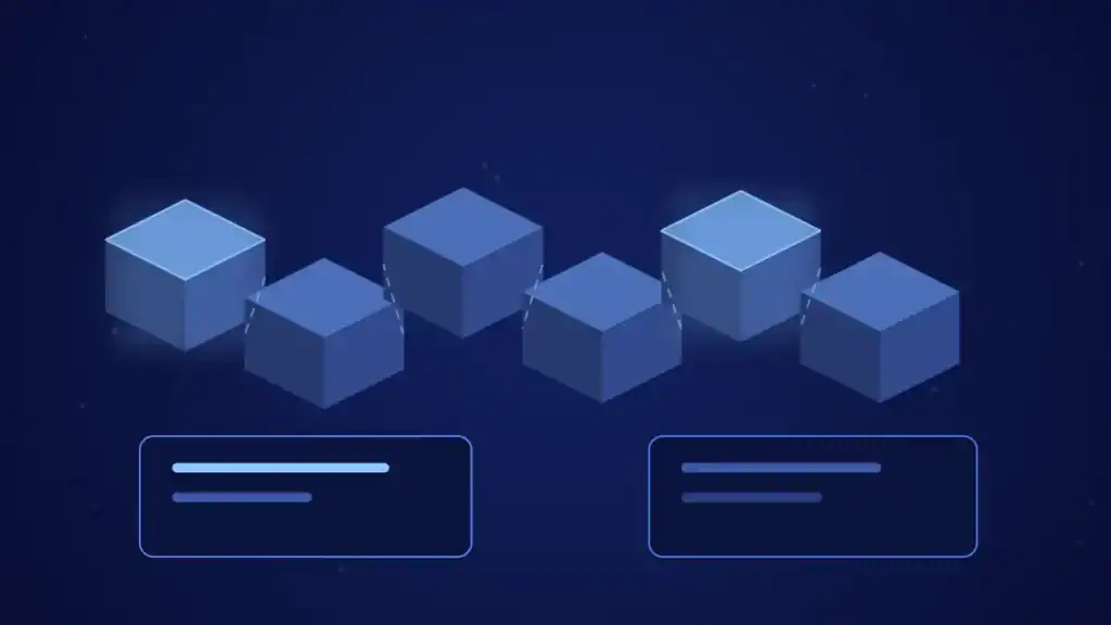 Ilustración de portada del artículo sobre blockchain: bloques isométricos encadenados en tonos azules.
