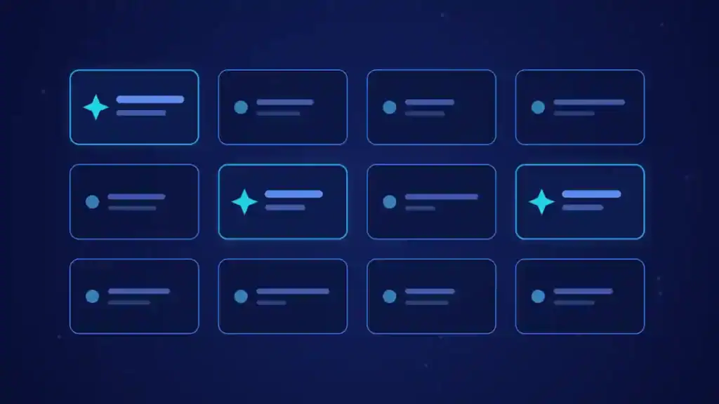 Ilustración de portada del artículo sobre herramientas de IA: una rejilla de tarjetas con destellos de inteligencia artificial en tonos azules y cian.