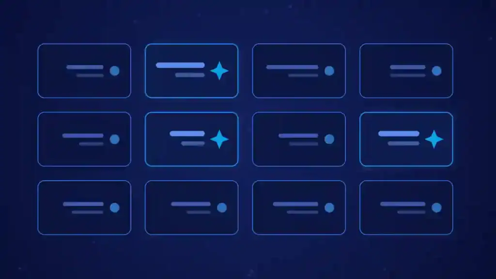 Ilustración de portada del artículo sobre la Ley de IA de la UE: una rejilla de tarjetas con destellos de inteligencia artificial en tonos azules y cian.