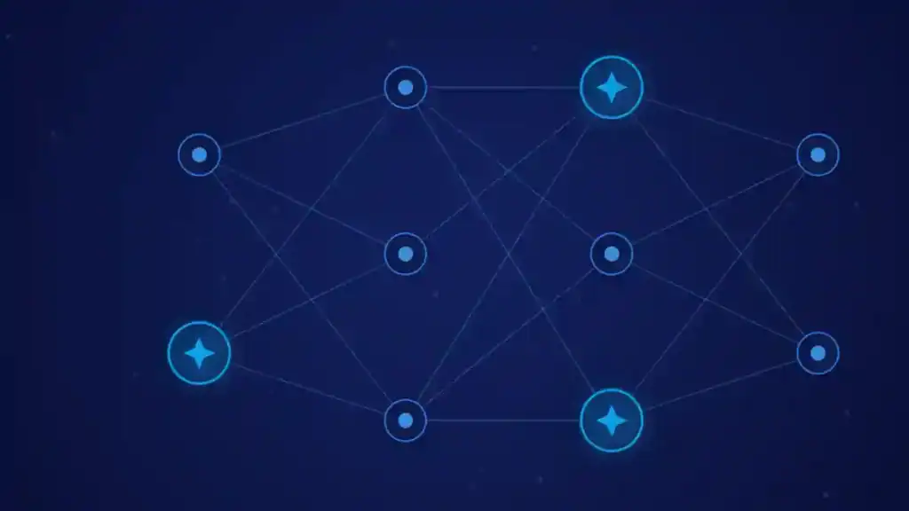 Ilustración de portada del artículo sobre marketing auténtico con IA: una red de nodos interconectados en tonos azules y cian.